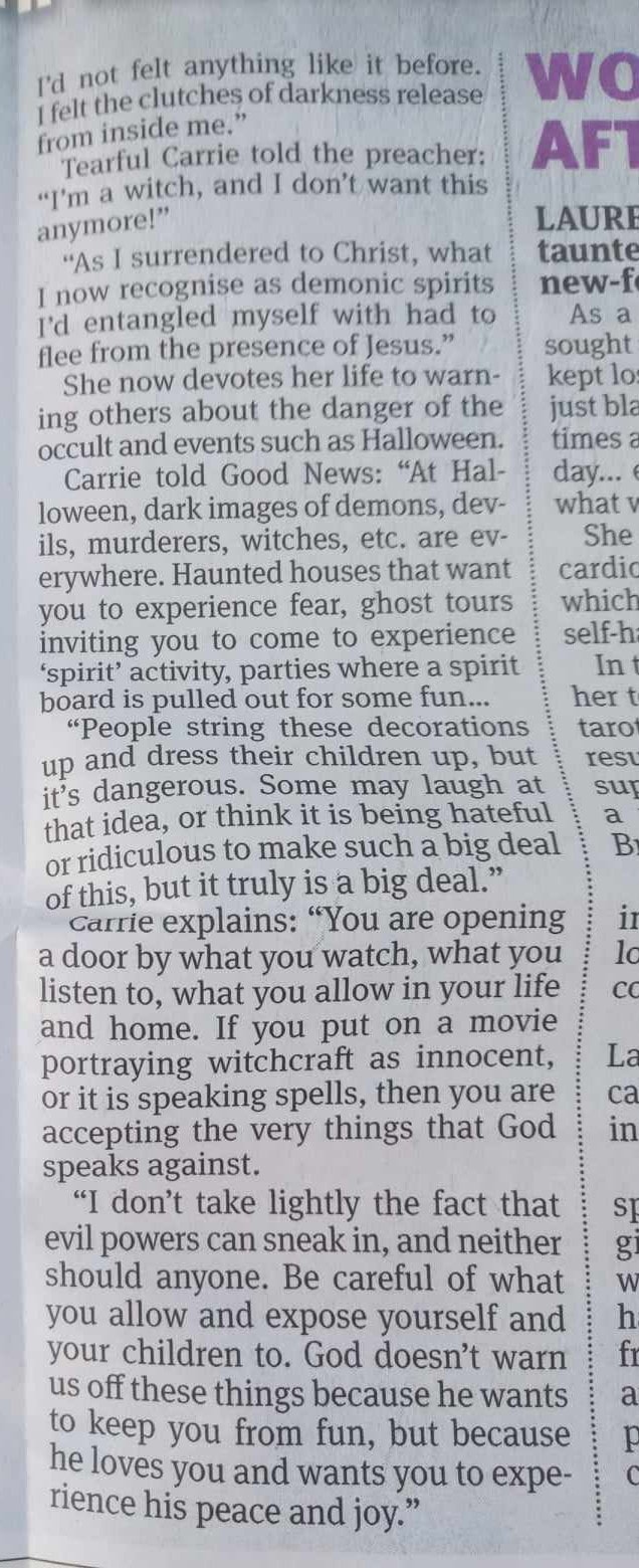 Ex Satanist Carrie in Good News UK paper Halloween 2